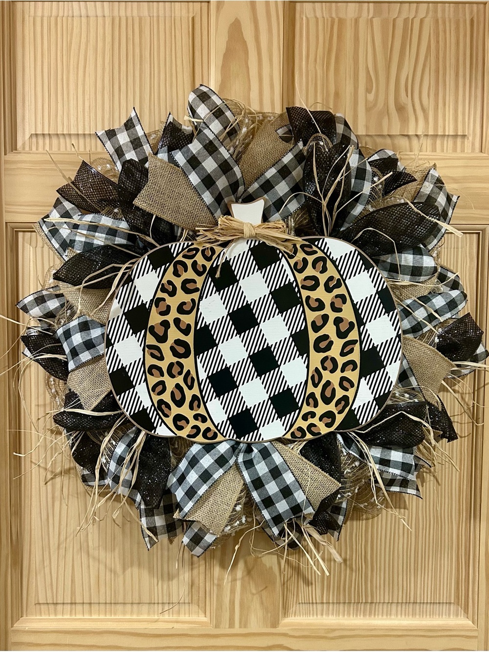 Fall Buffalo Check & Leopard Pumpkin Wreath - Black and Tan